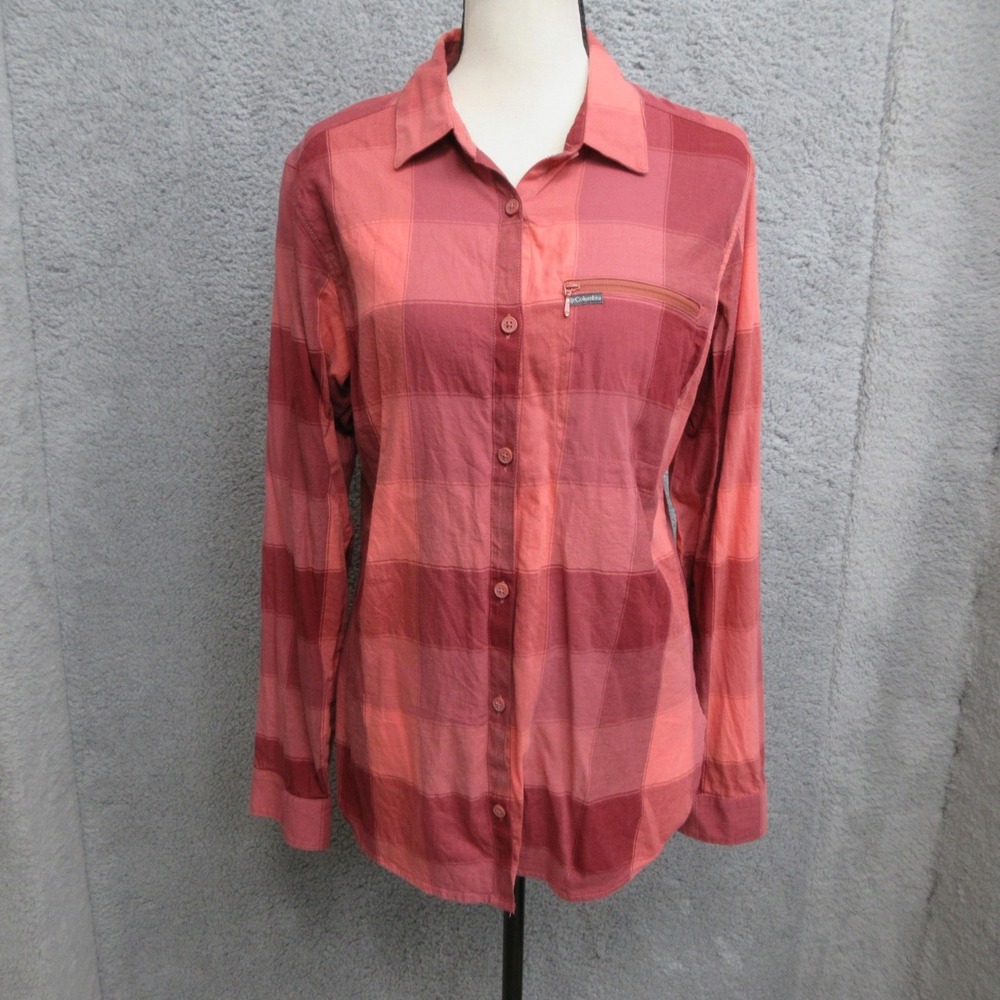 Columbia Plaid Stretch Cotton Button Up Shirt Women M Orange Zip Pocket Outdoor